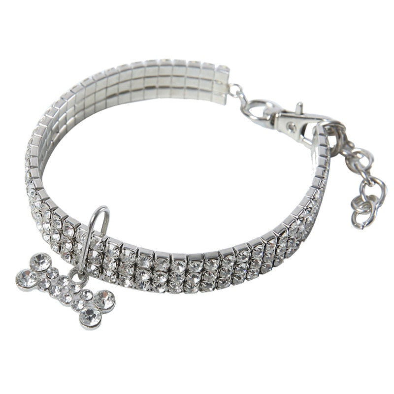 Sparkling Rhinestone Pet Collar with Bone Pendant