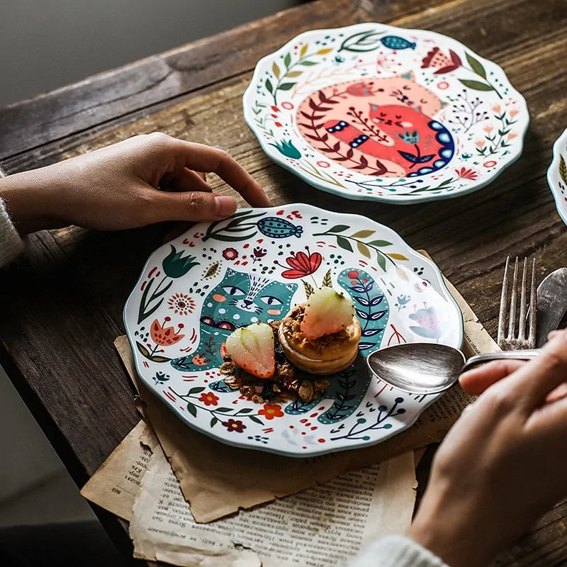 Floral Feline Ceramic Dinner Plate