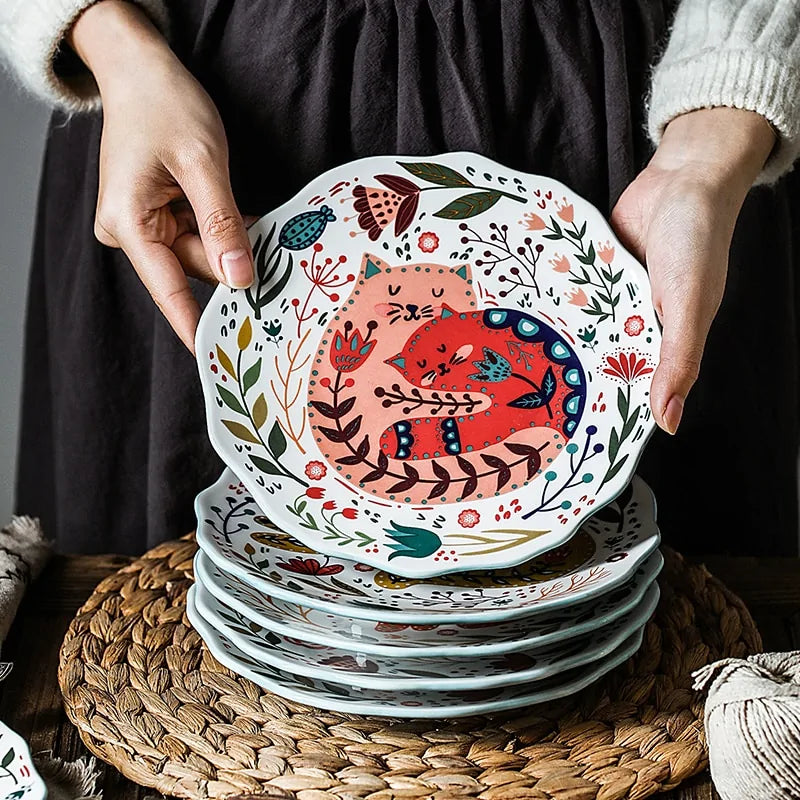 Floral Feline Ceramic Dinner Plate