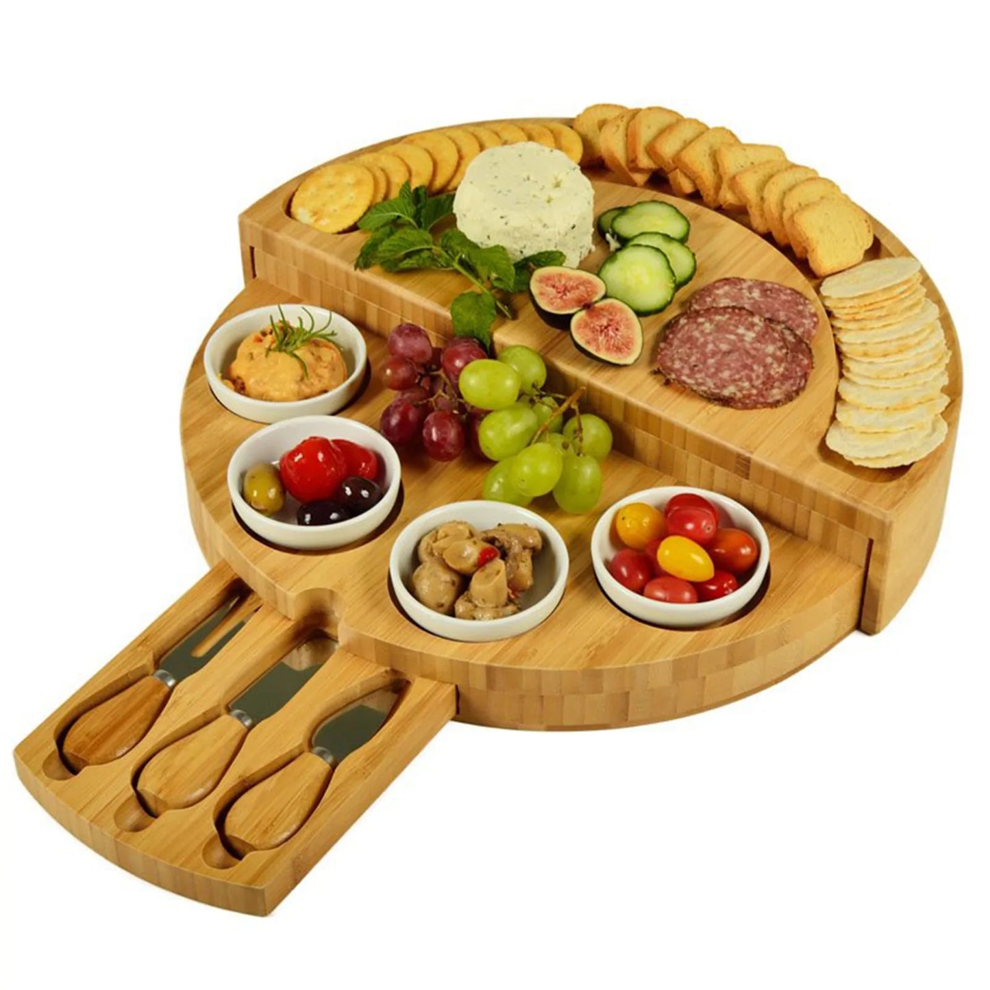 Bamboo Cheese Board with Serving Utensils and Bowls