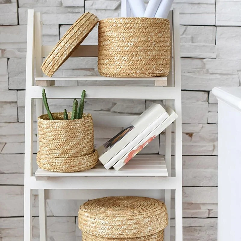 Handmade Woven Storage Baskets with Lids, Set of 3