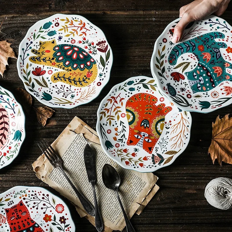Floral Feline Ceramic Dinner Plate