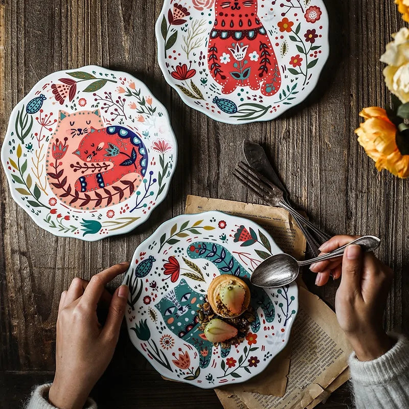 Floral Feline Ceramic Dinner Plate