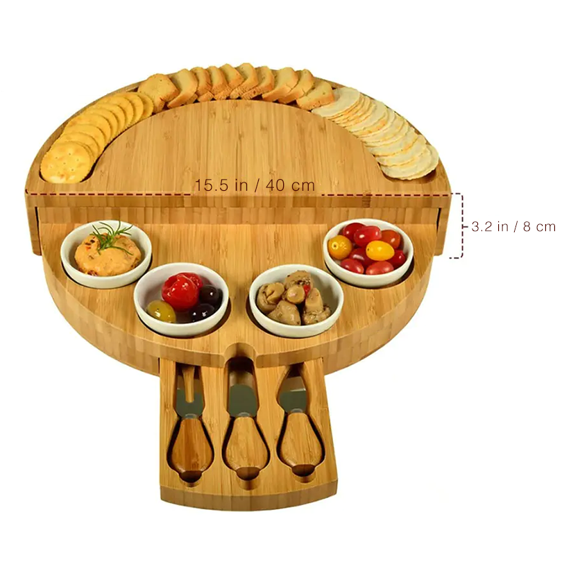 Bamboo Cheese Board with Serving Utensils and Bowls