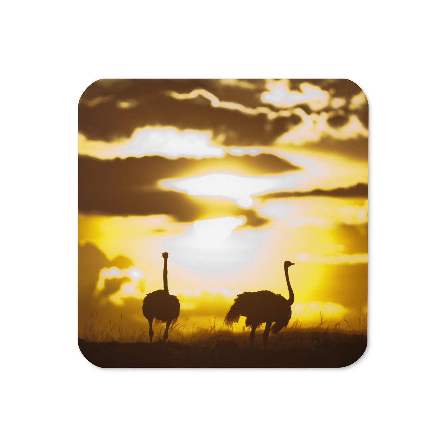 "African Sunset with Ostriches" Cork-back coaster