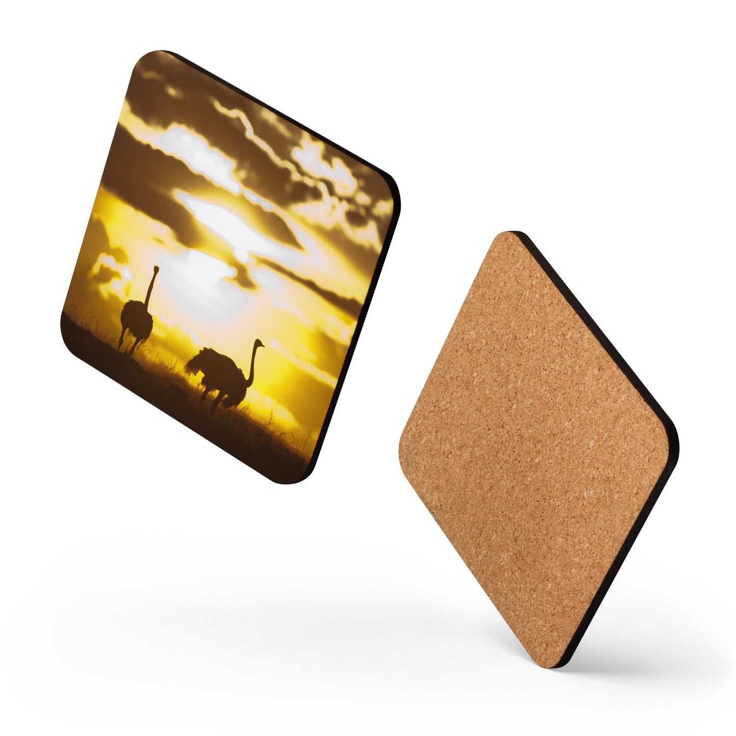 "African Sunset with Ostriches" Cork-back coaster