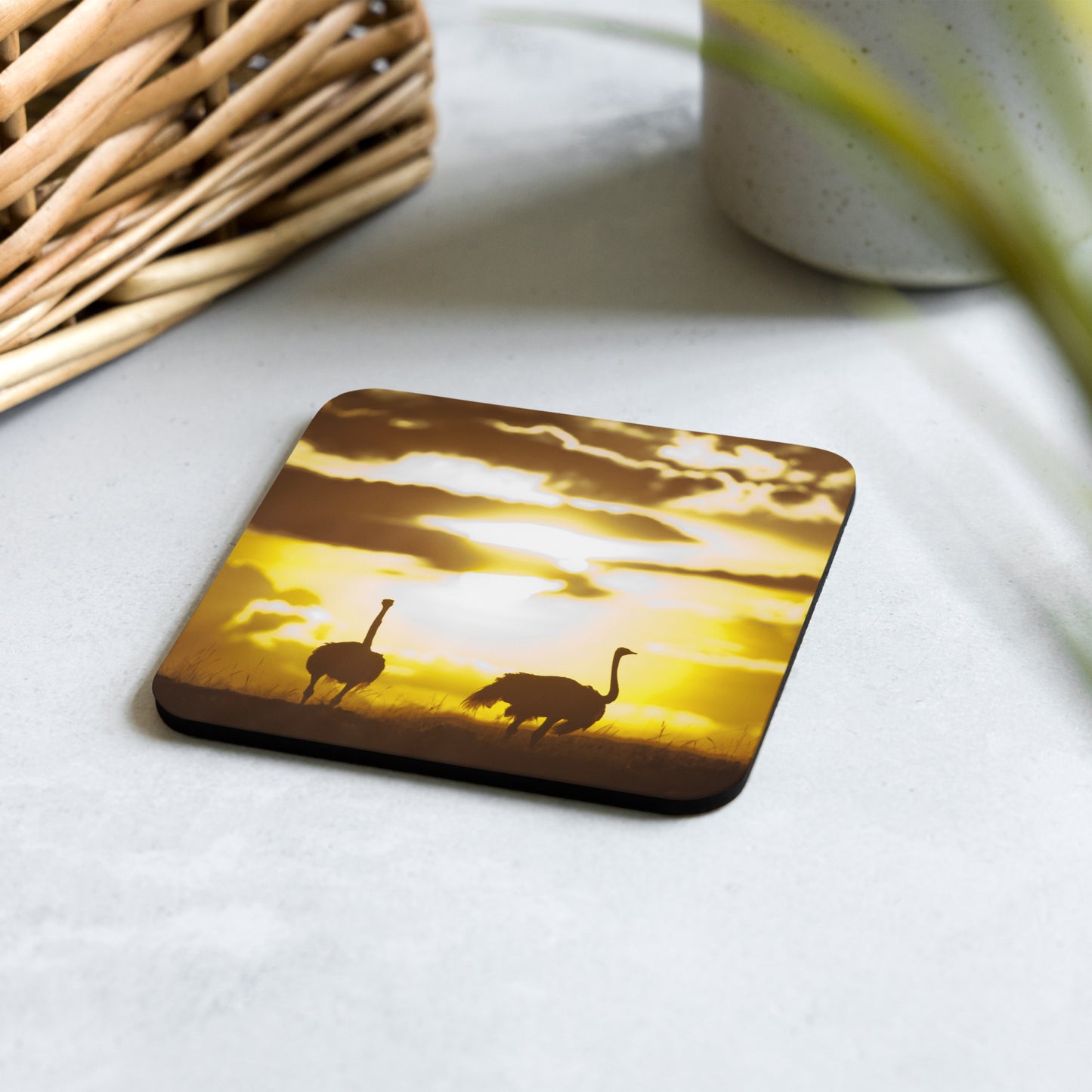"African Sunset with Ostriches" Cork-back coaster