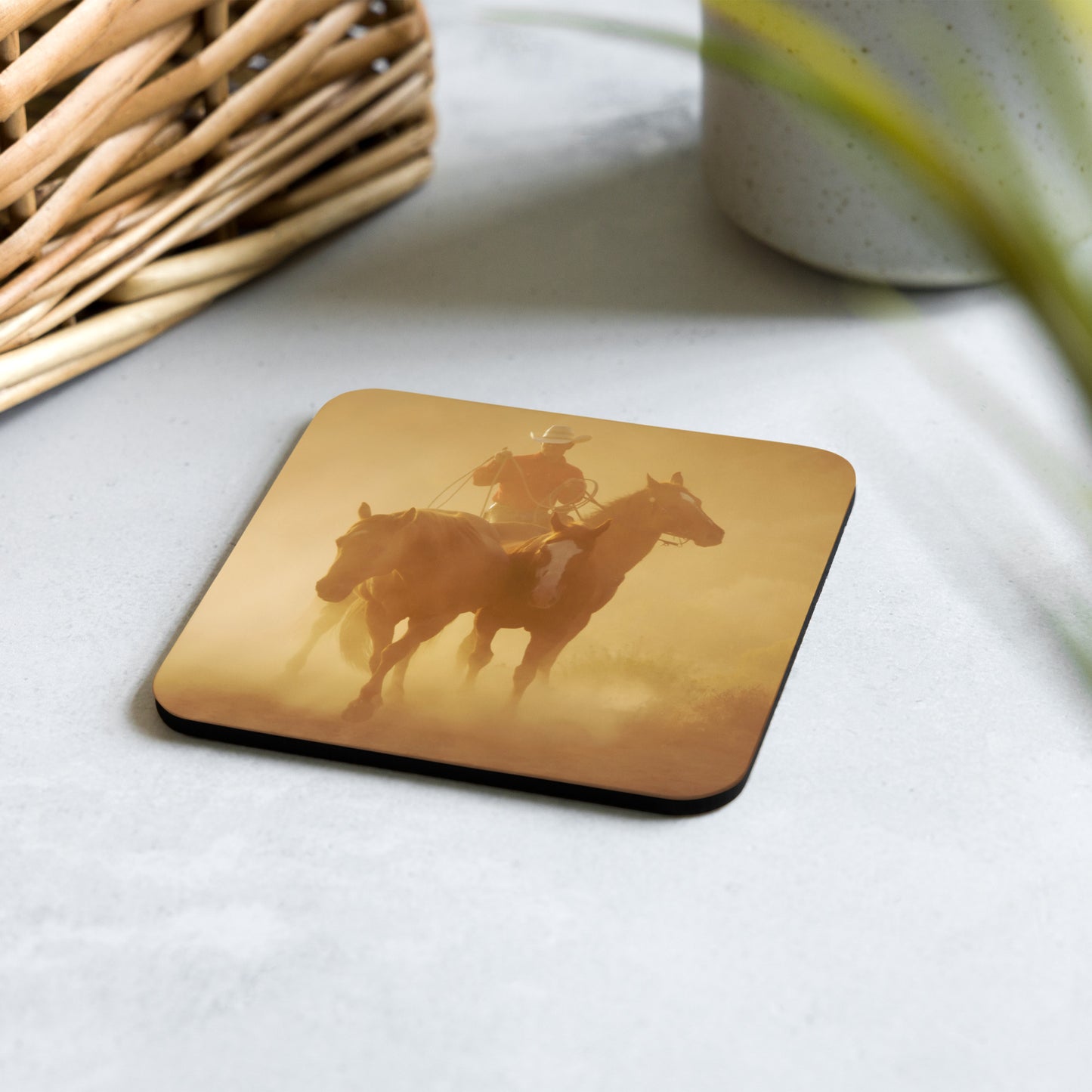 "Cowboy at Dusk" Cork-back coaster