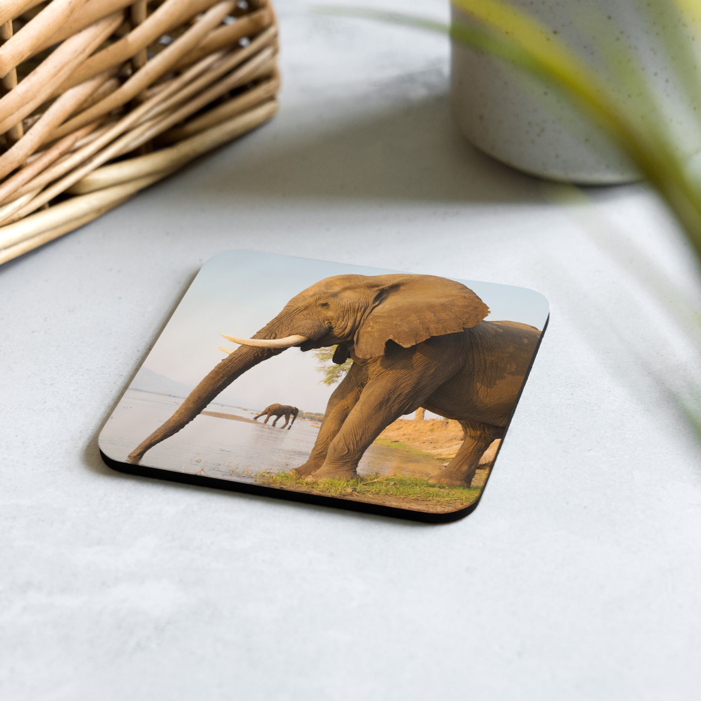 "Elephants Drinking" Cork-back coaster