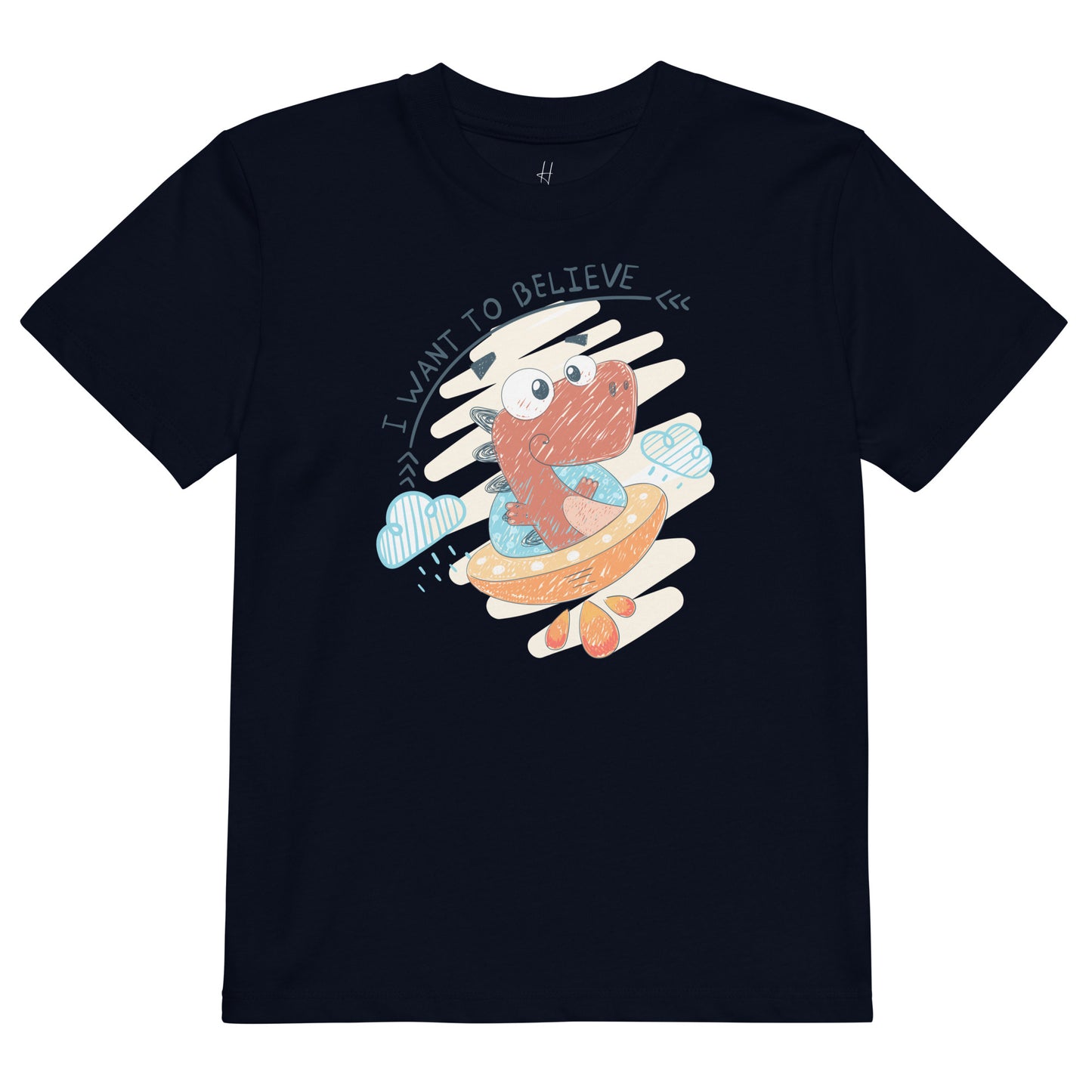 オーガニックコットン キッズTシャツ - 恐竜UFOパイロット