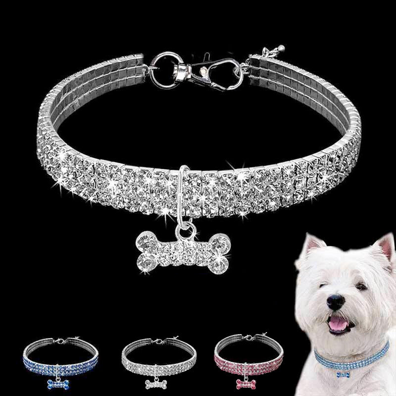 Sparkling Rhinestone Pet Collar with Bone Pendant