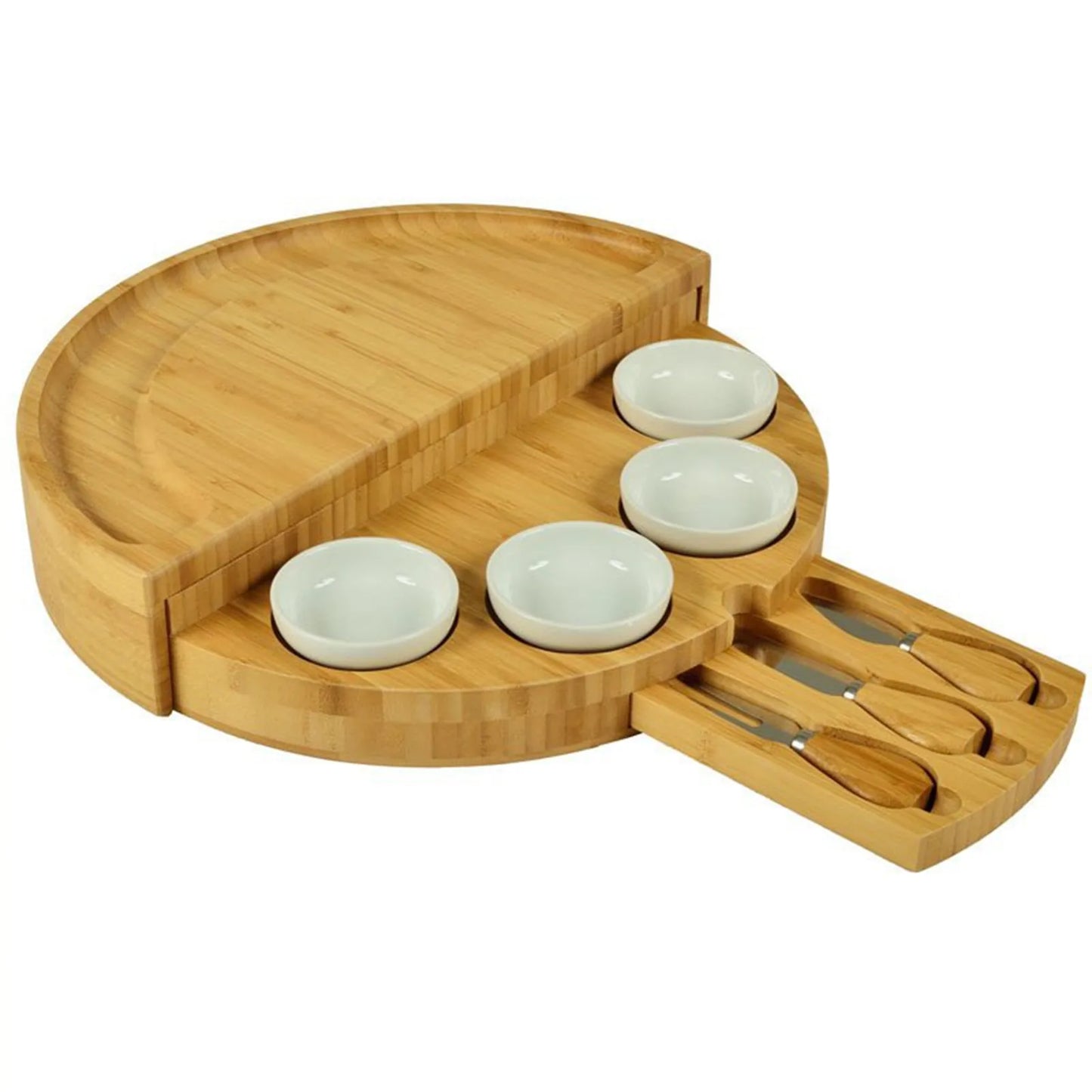 Bamboo Cheese Board with Serving Utensils and Bowls