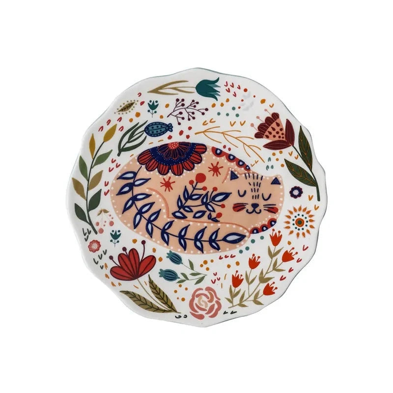 Floral Feline Ceramic Dinner Plate