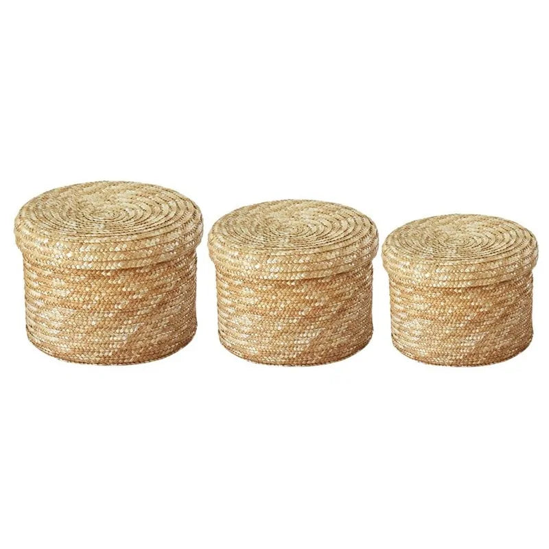 Handmade Woven Storage Baskets with Lids, Set of 3