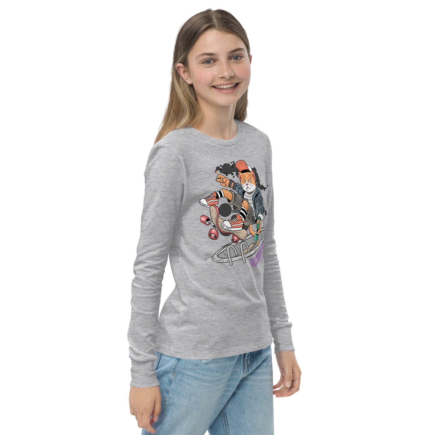 Youth long sleeve tee - Skateboarding Rebel Cat