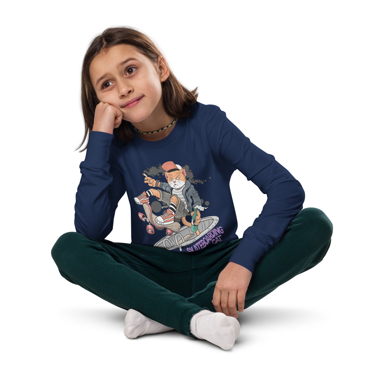 Youth long sleeve tee - Skateboarding Rebel Cat