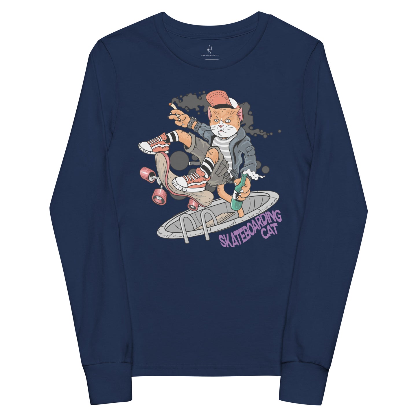 Youth long sleeve tee - Skateboarding Rebel Cat
