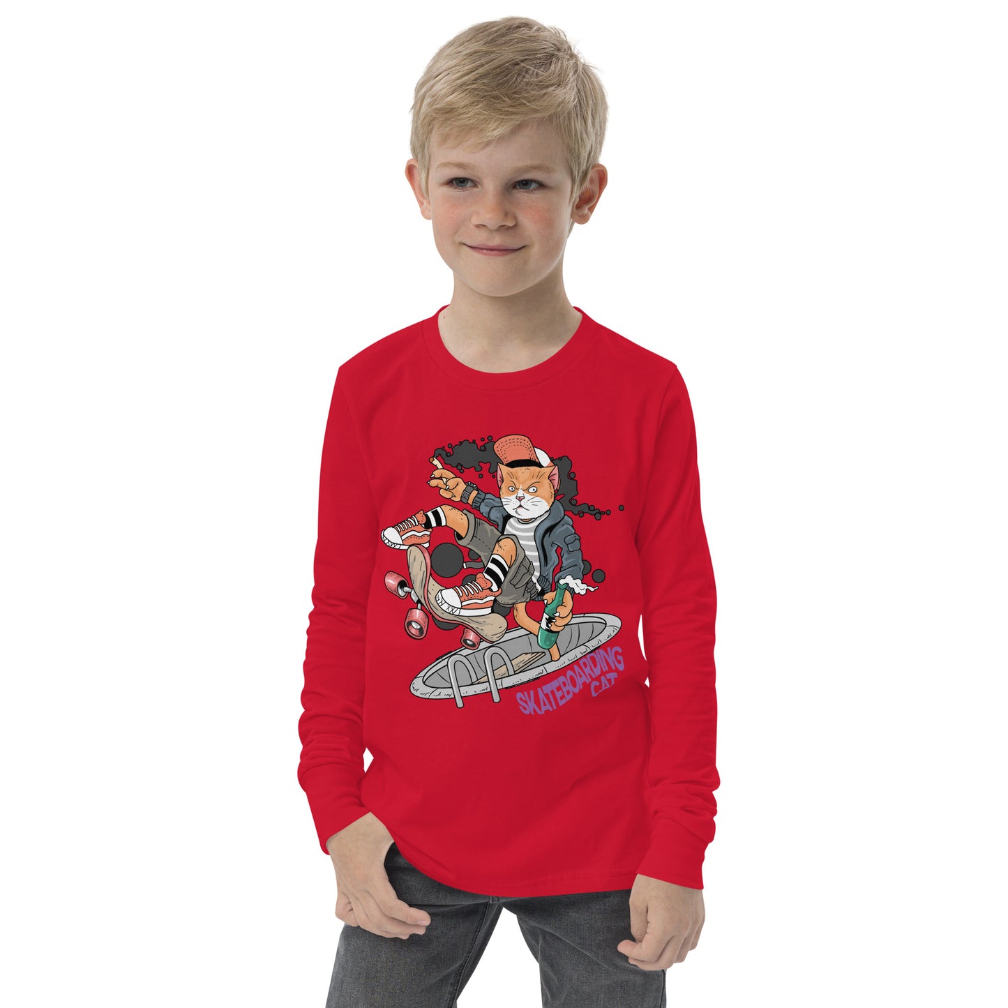 Youth long sleeve tee - Skateboarding Rebel Cat