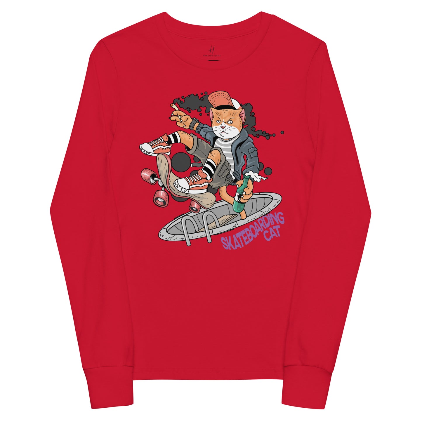 Youth long sleeve tee - Skateboarding Rebel Cat