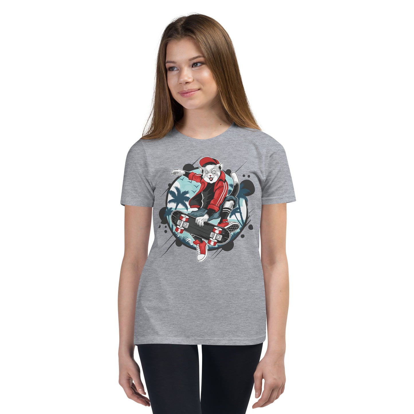 Youth Short Sleeve T-Shirt - Skateboarding Cat