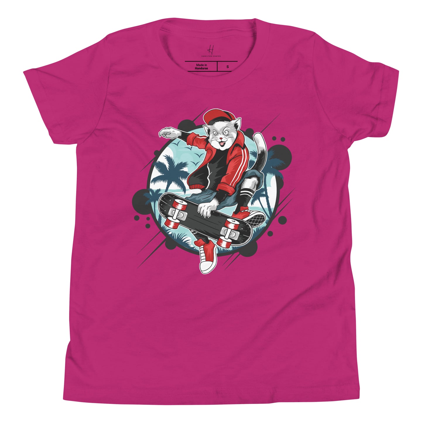 Youth Short Sleeve T-Shirt - Skateboarding Cat