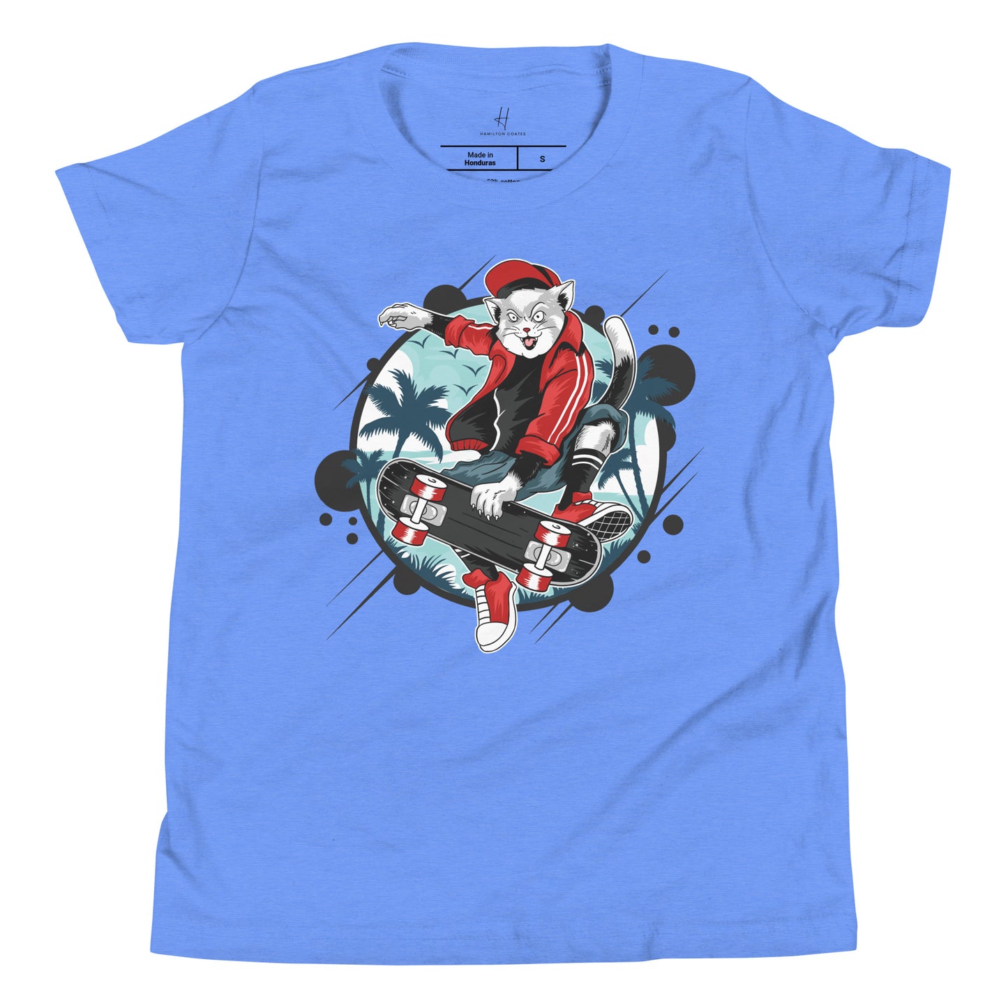Youth Short Sleeve T-Shirt - Skateboarding Cat