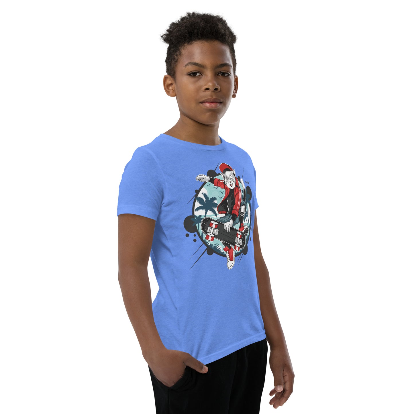 Youth Short Sleeve T-Shirt - Skateboarding Cat