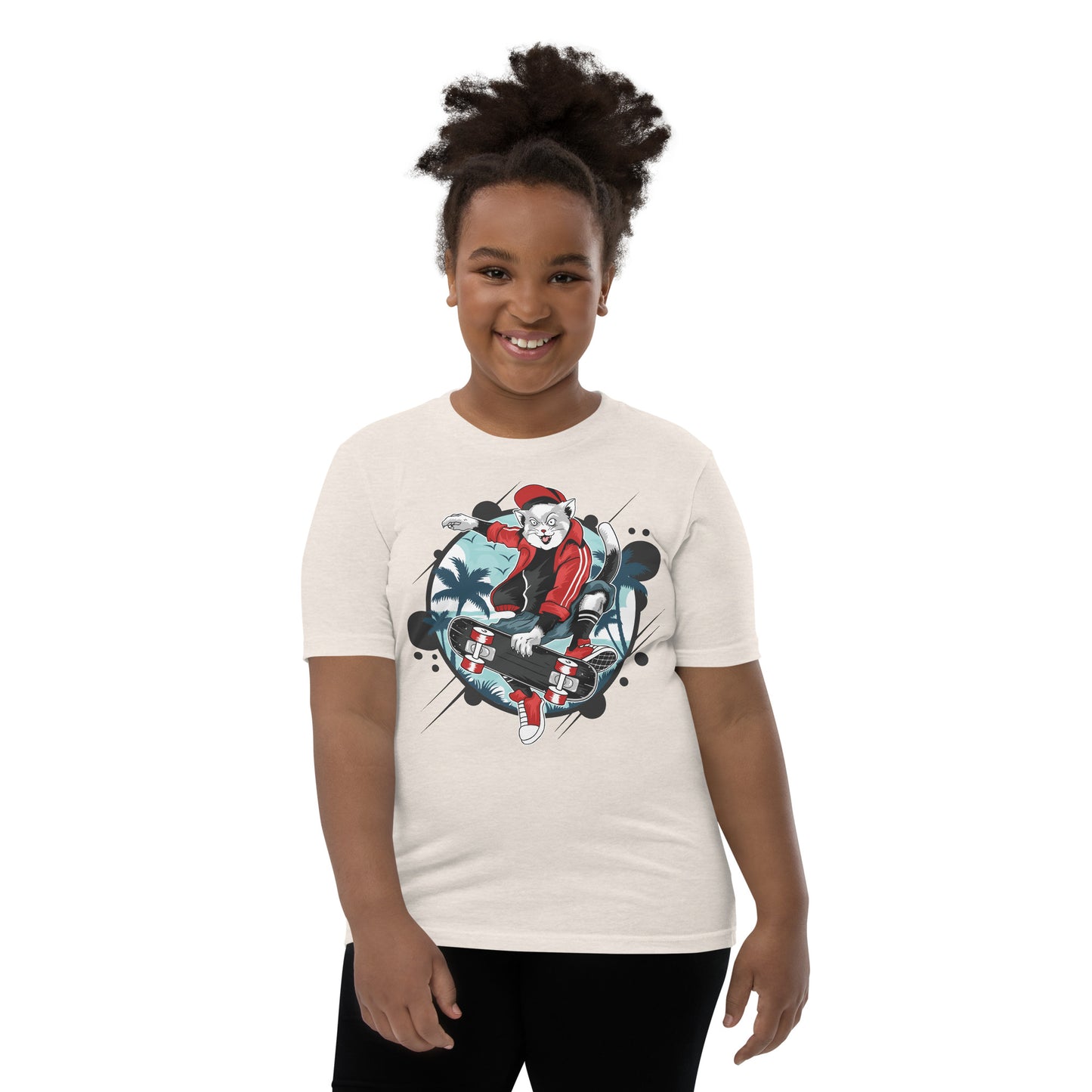 Youth Short Sleeve T-Shirt - Skateboarding Cat
