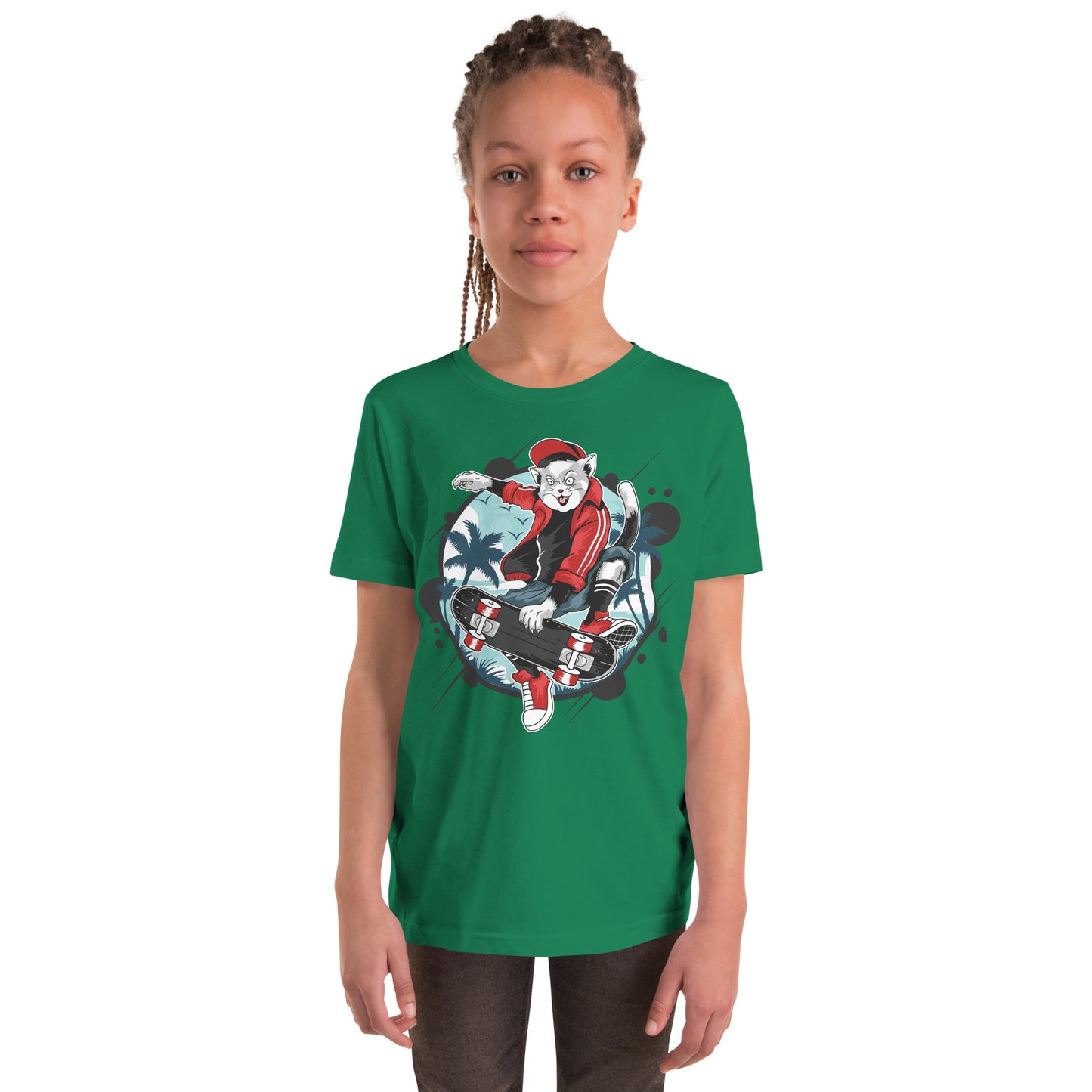 Youth Short Sleeve T-Shirt - Skateboarding Cat