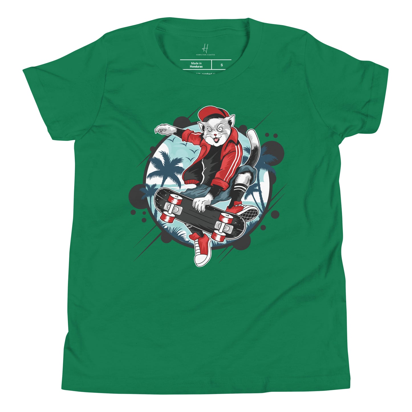 Youth Short Sleeve T-Shirt - Skateboarding Cat
