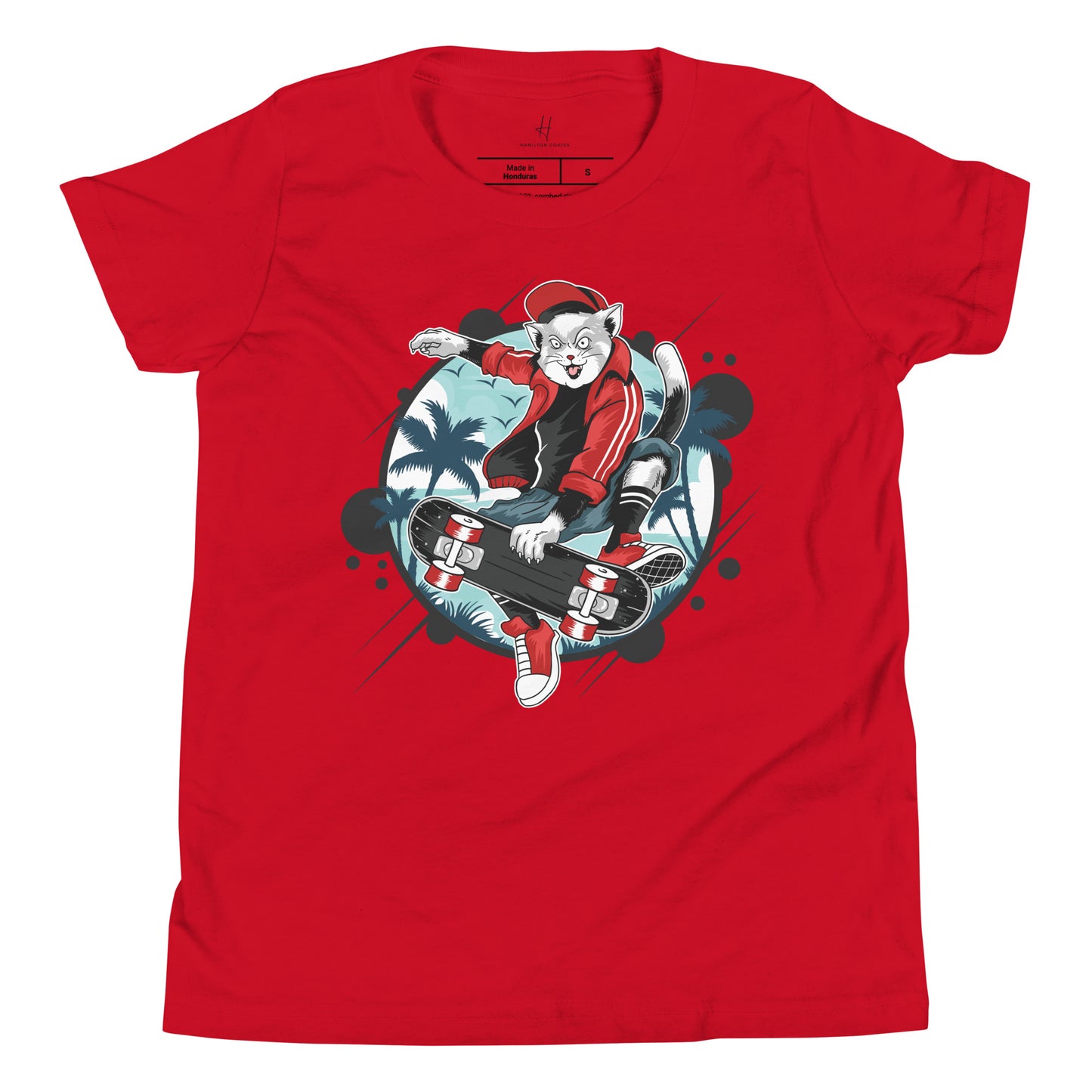 Youth Short Sleeve T-Shirt - Skateboarding Cat