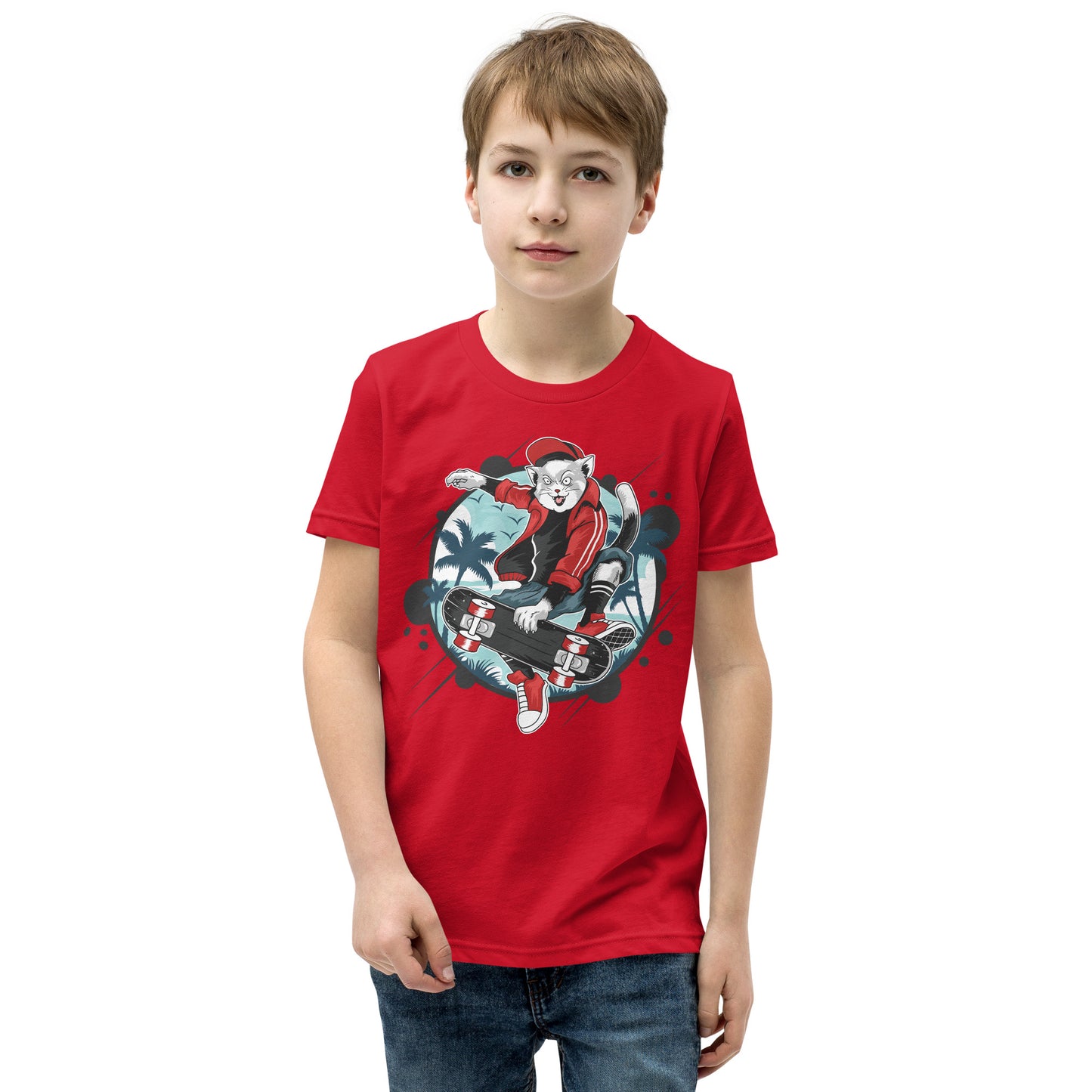 Youth Short Sleeve T-Shirt - Skateboarding Cat