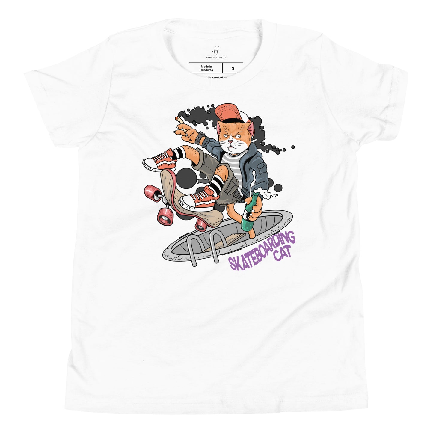 Kurzarm-T-Shirt für Jugendliche – Skateboarding Rebel Cat