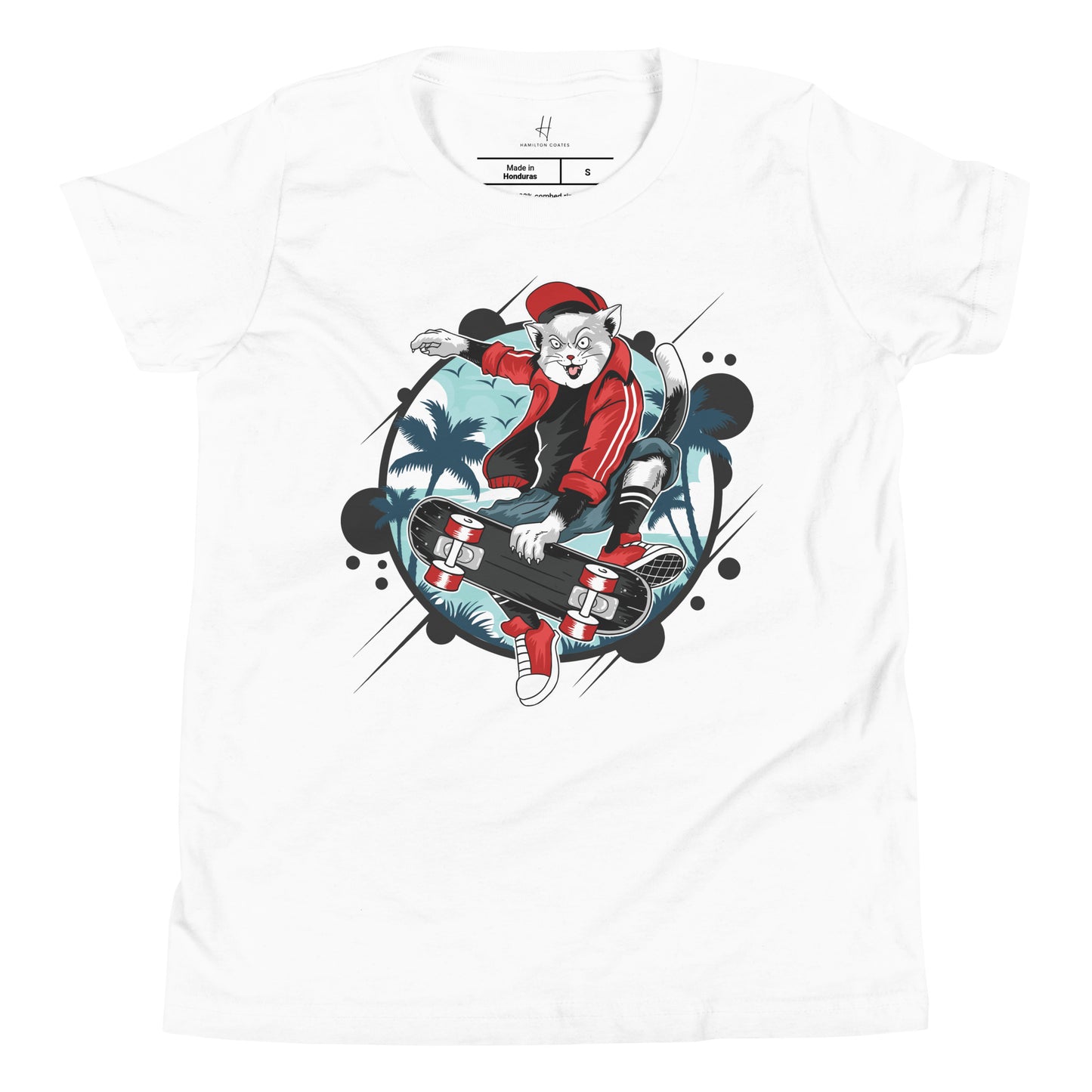 Youth Short Sleeve T-Shirt - Skateboarding Cat