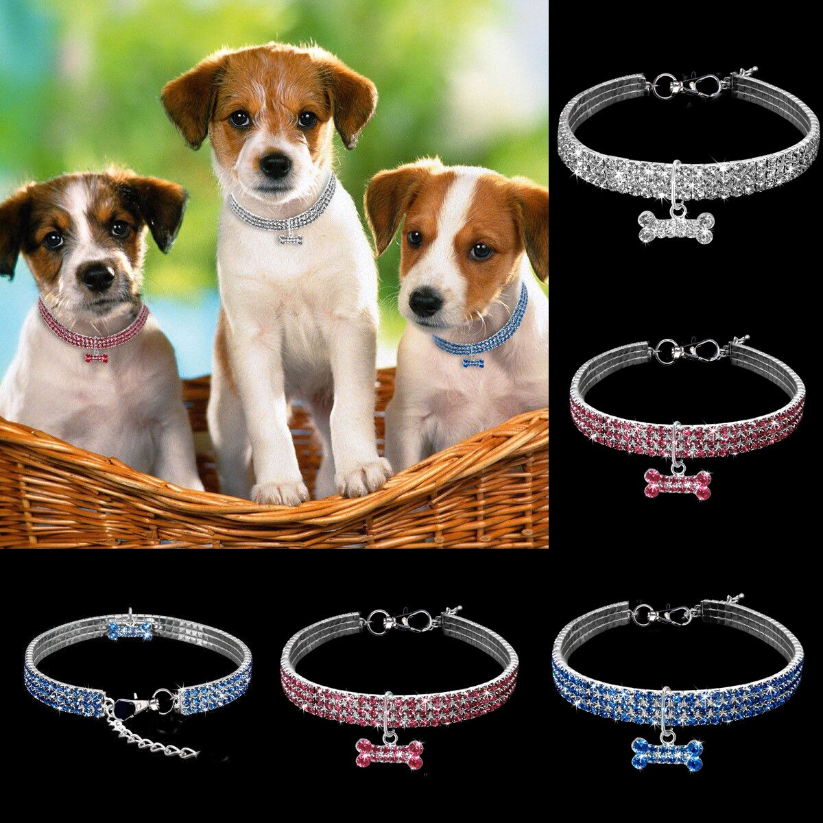 Sparkling Rhinestone Pet Collar with Bone Pendant
