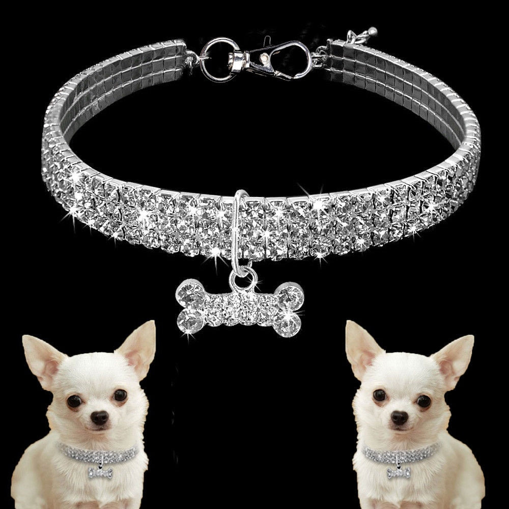 Sparkling Rhinestone Pet Collar with Bone Pendant