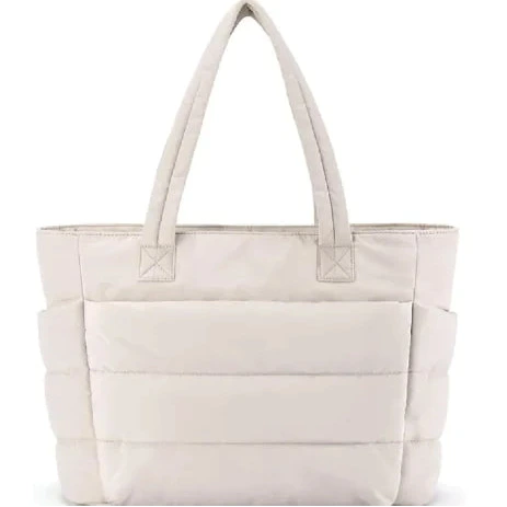 White tote bag with a quilted design on a white background