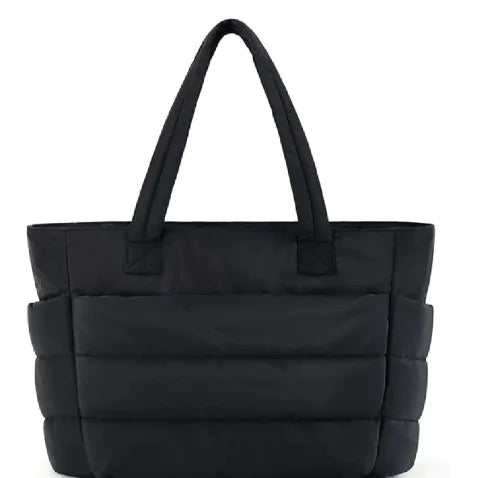 Black quilted handbag on a white background