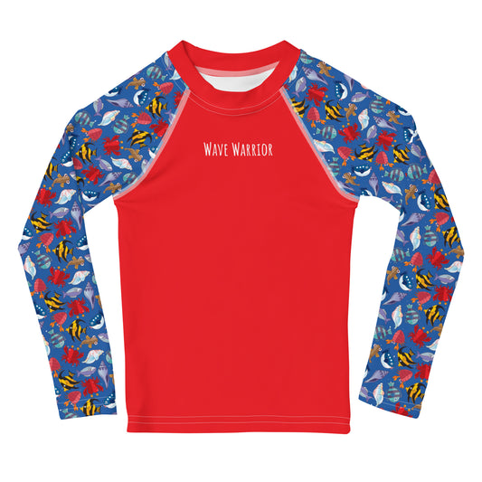 Kids Rash Guard- Wave Warrior, Red