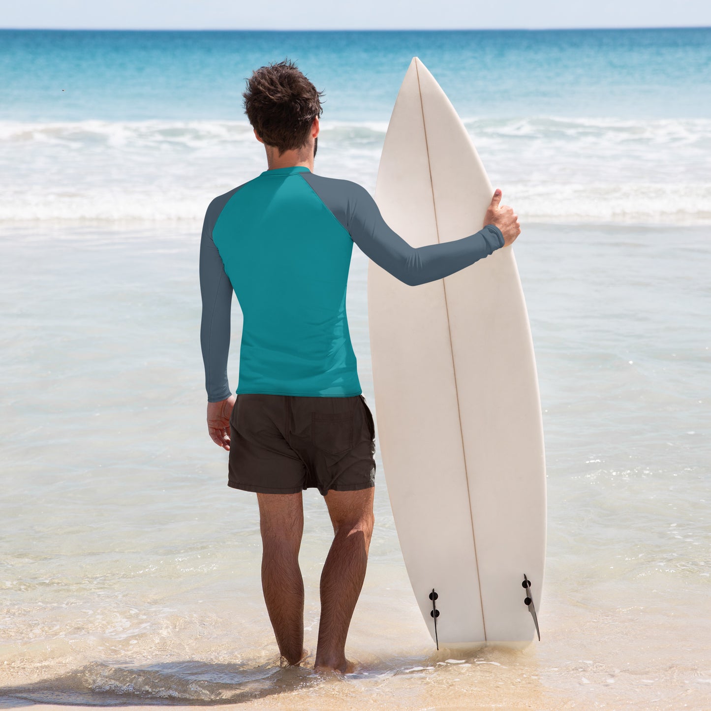 Rashguard für Herren – Ozeanblau mit grauen Ärmeln