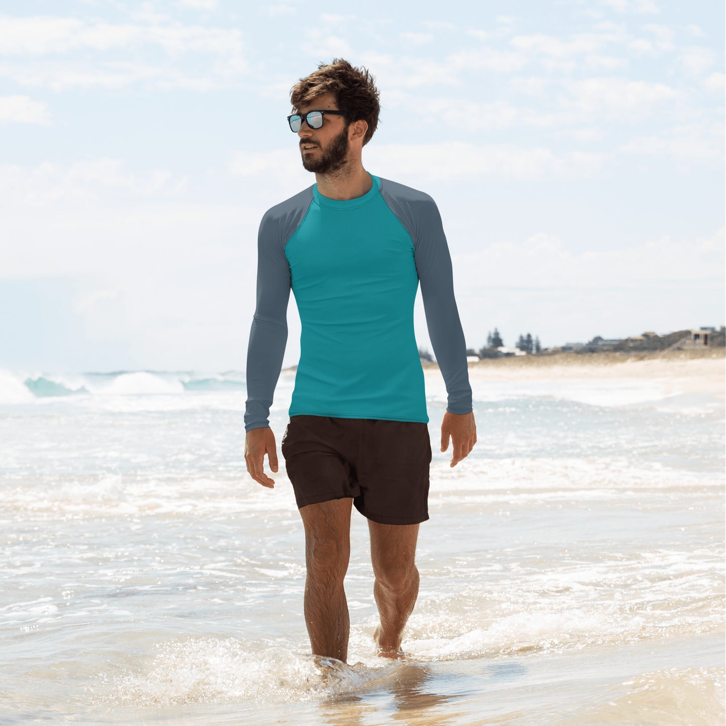 Rashguard für Herren – Ozeanblau mit grauen Ärmeln