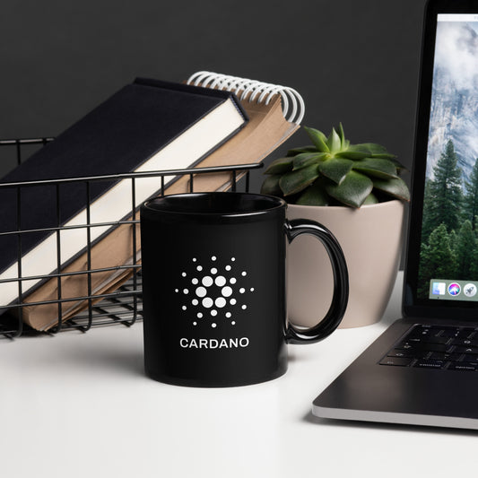 Black Glossy Mug - White Cardano Logo, Stacked