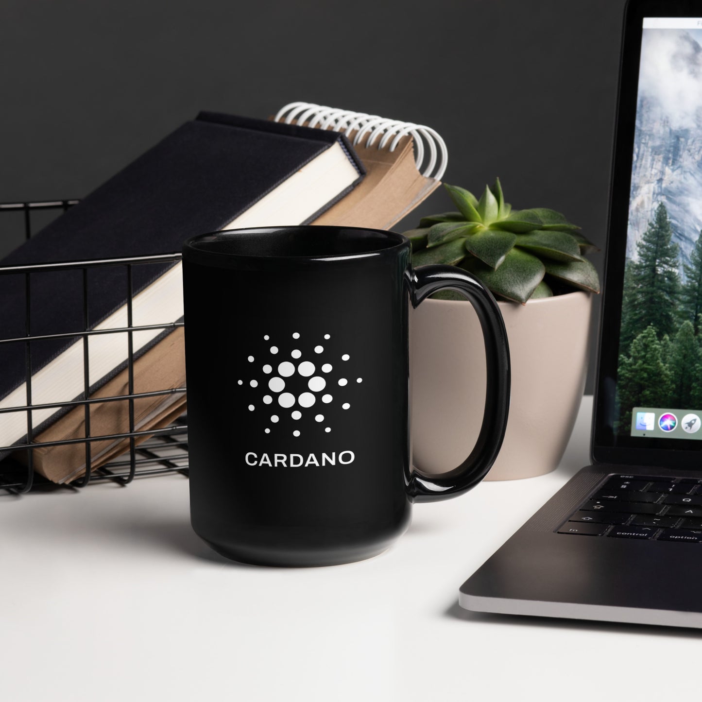Black Glossy Mug - White Cardano Logo, Stacked