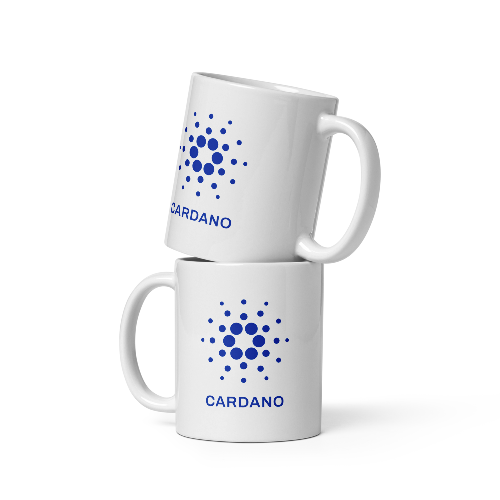 White Glossy Mug - Blue Cardano Logo, Stacked