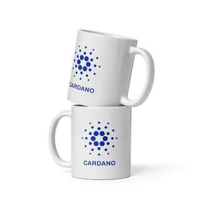 White Glossy Mug - Blue Cardano Logo, Stacked