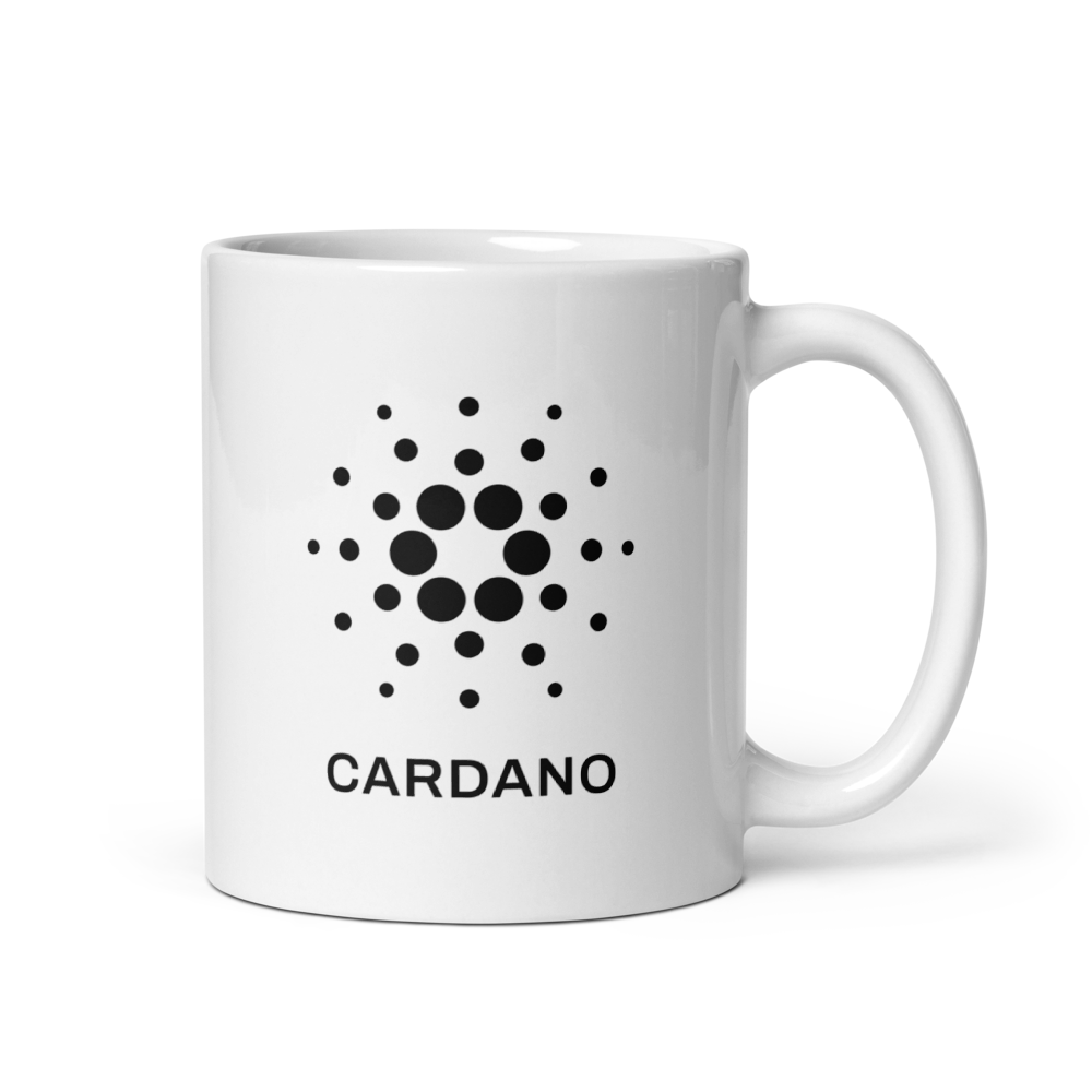 White Glossy Mug - Black Cardano Logo, Stacked