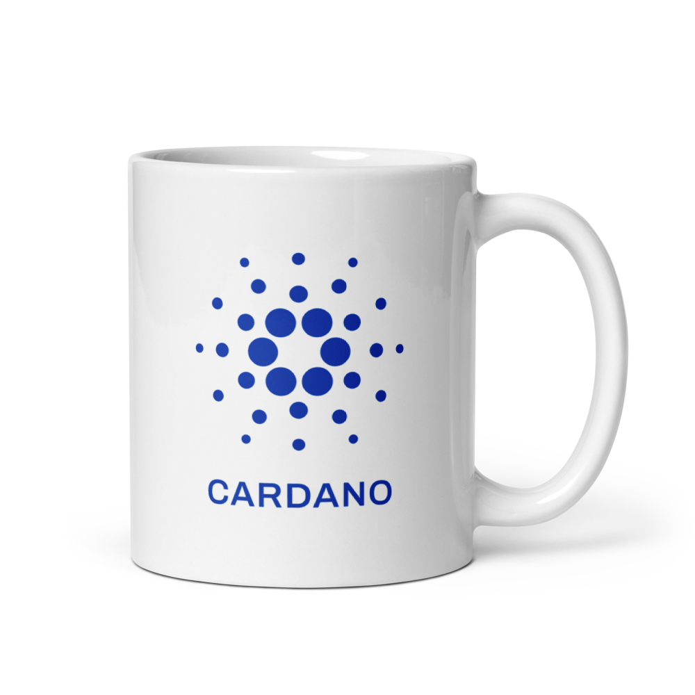 White Glossy Mug - Blue Cardano Logo, Stacked