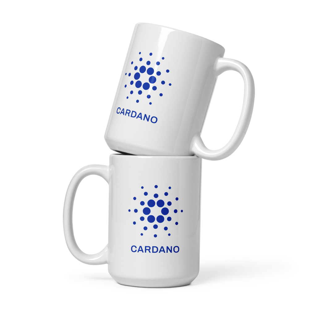 White Glossy Mug - Blue Cardano Logo, Stacked