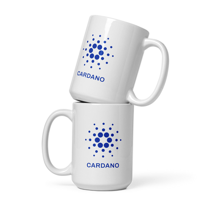 White Glossy Mug - Blue Cardano Logo, Stacked