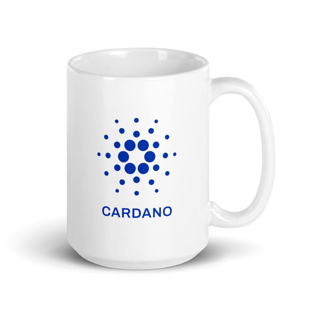 White Glossy Mug - Blue Cardano Logo, Stacked